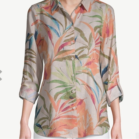 Chico's linen shirt NEW palm royal size xl button down Tropical Print Top - Picture 3 of 6